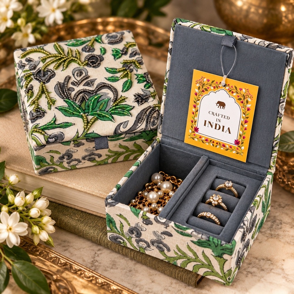 Crafted in India NWT Beaded Floral Jewelry Ring Box Botanical Boho